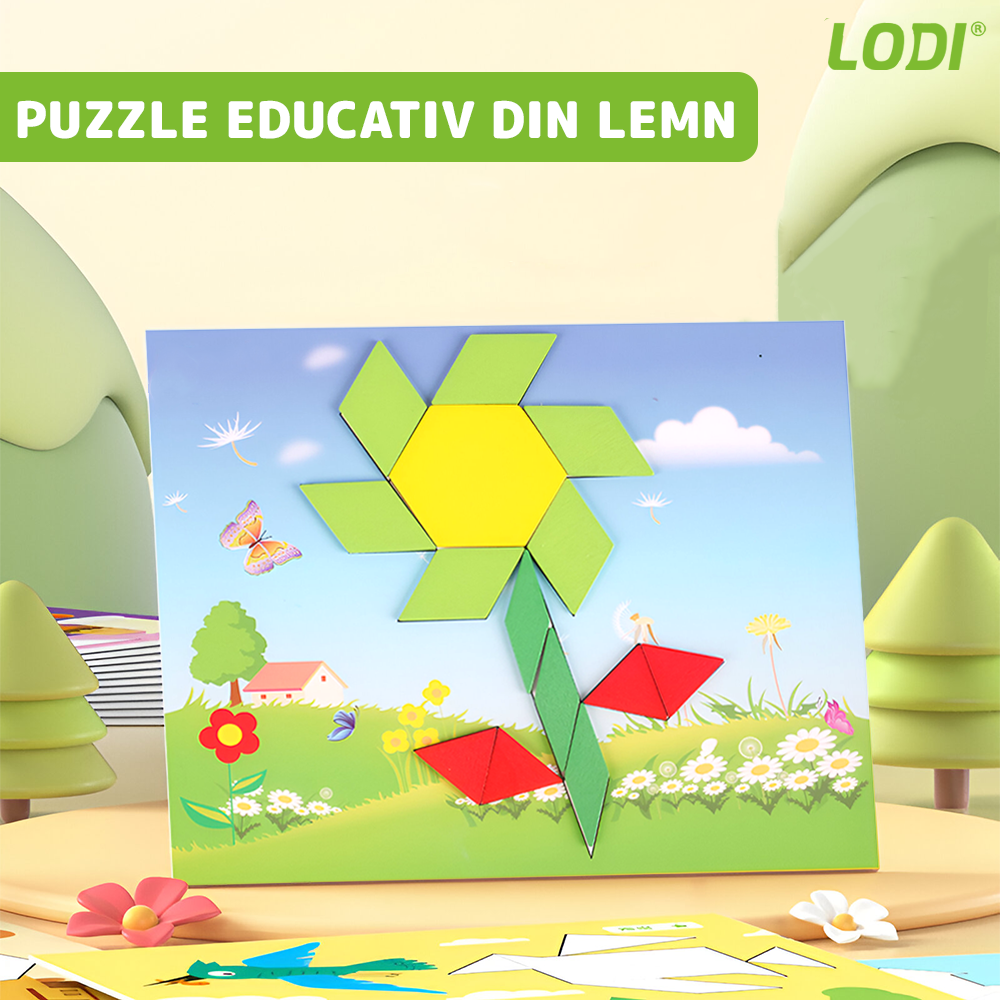 Joc Educativ din Lemn Lodi1172, Tangram cu 250 piese, 12 planse de puzzle, cifre și simboluri matematice, dezvolta inteligenta, culori non-toxice, multicolor