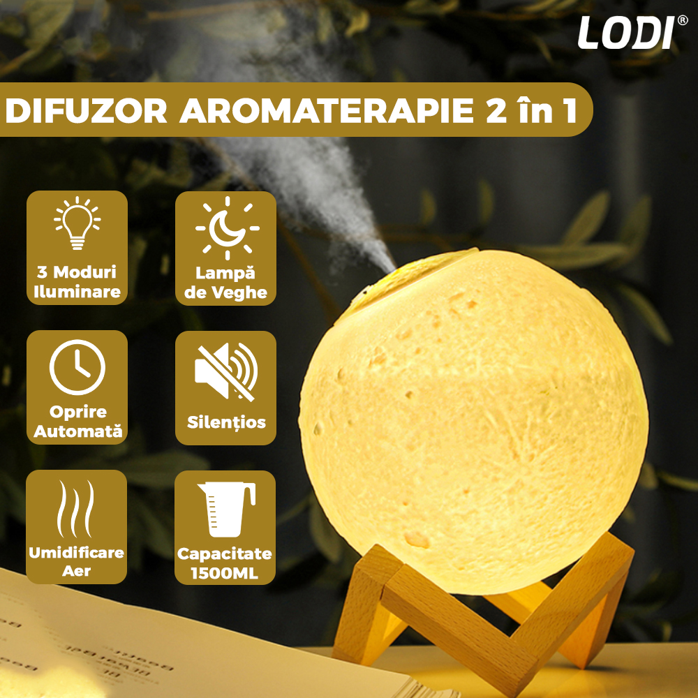 Difuzor Aromaterapie 2in1 Lodi229, 3 moduri de iluminare, capacitate 1500ml, lampa de veghe, silentios, alimentare USB, model luna, umidifica aerul, alb