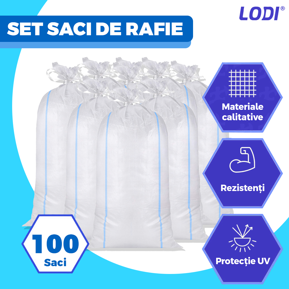 Set 100 de Saci de Rafie Lodi1250, materiale calitative, rezistenta ridicata, capacitate mare, waterproof, universali, 55 x 100 cm, alb/albastru