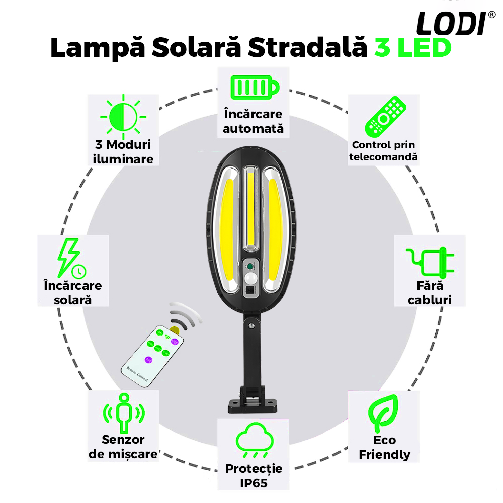 Lampa Solara Stradala 3 LED-uri Lodi885, rotunda, control prin telecomanda, senzor de miscare, 3 moduri de iluminare, protectie IP65, Waterproof, exterior, negru