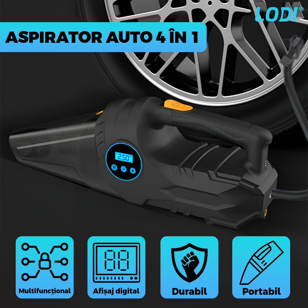 Aspirator Auto 4 in 1 Lodi1179, portabil, multifunctional, wireless, compresor anvelope. manometru, lanterna LED, aspirare umeda/uscata, vacuum 6000 mbar, putere motor 100W, afisaj digital, negru