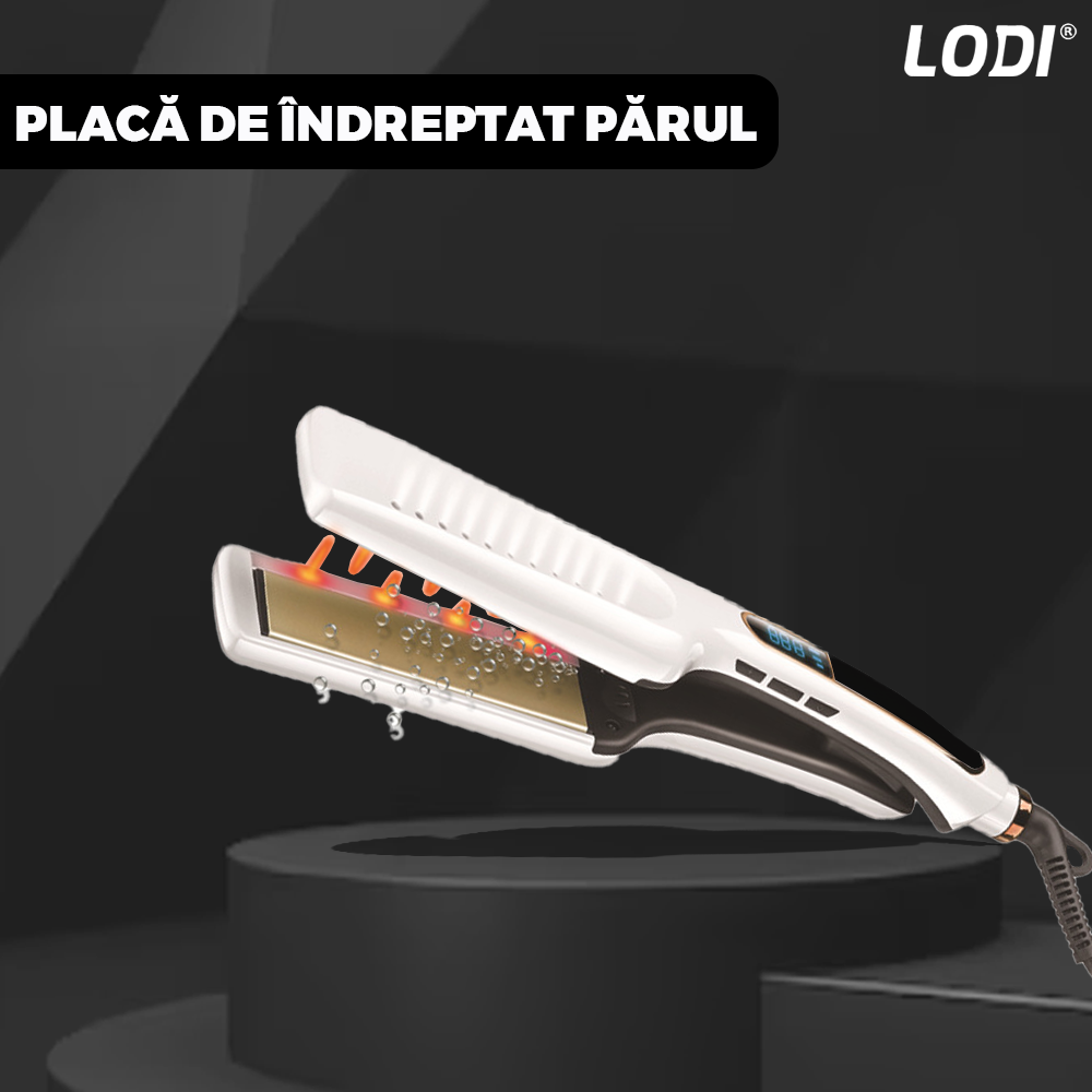 Placa profesionala de indreptat parul Lodi458, invelis ceramic, afisaj LCD, easy lock, tehnologie cu abur, par umed si uscat, 230°, alb