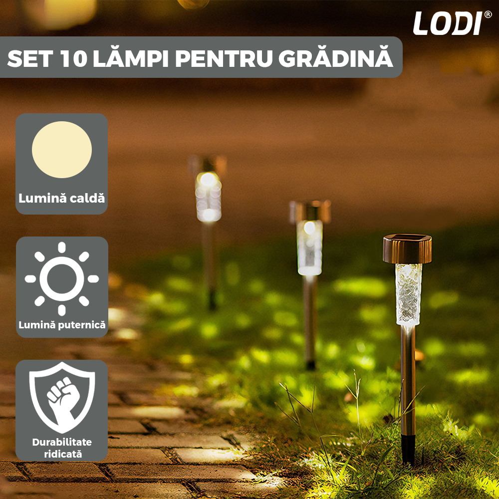 Set 10 Lampi Solare pentru Gradina Lodi1118, tehnologie LED, pentru exterior, incarcare solara, autonomie 8 ore, tip tarus, material metal, lumina alb cald