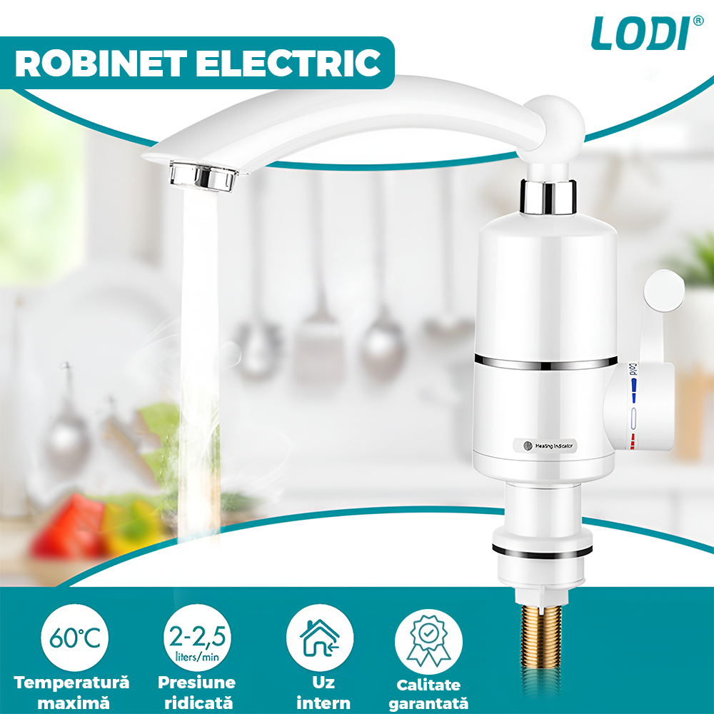 Robinet Electric pentru Incalzit Apa Lodi1199, materiale calitative, sistem de incalzire eficient, indicator temperatura, otel inoxidabil, alb