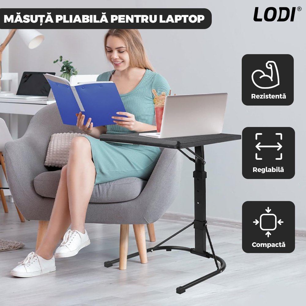 Masa Laptop Multifunctionala Lodi626, patrata, 3 trepte de inaltime, unghi ajustabil, cadru metalic, rezistenta, negru, 43 x 43 cm