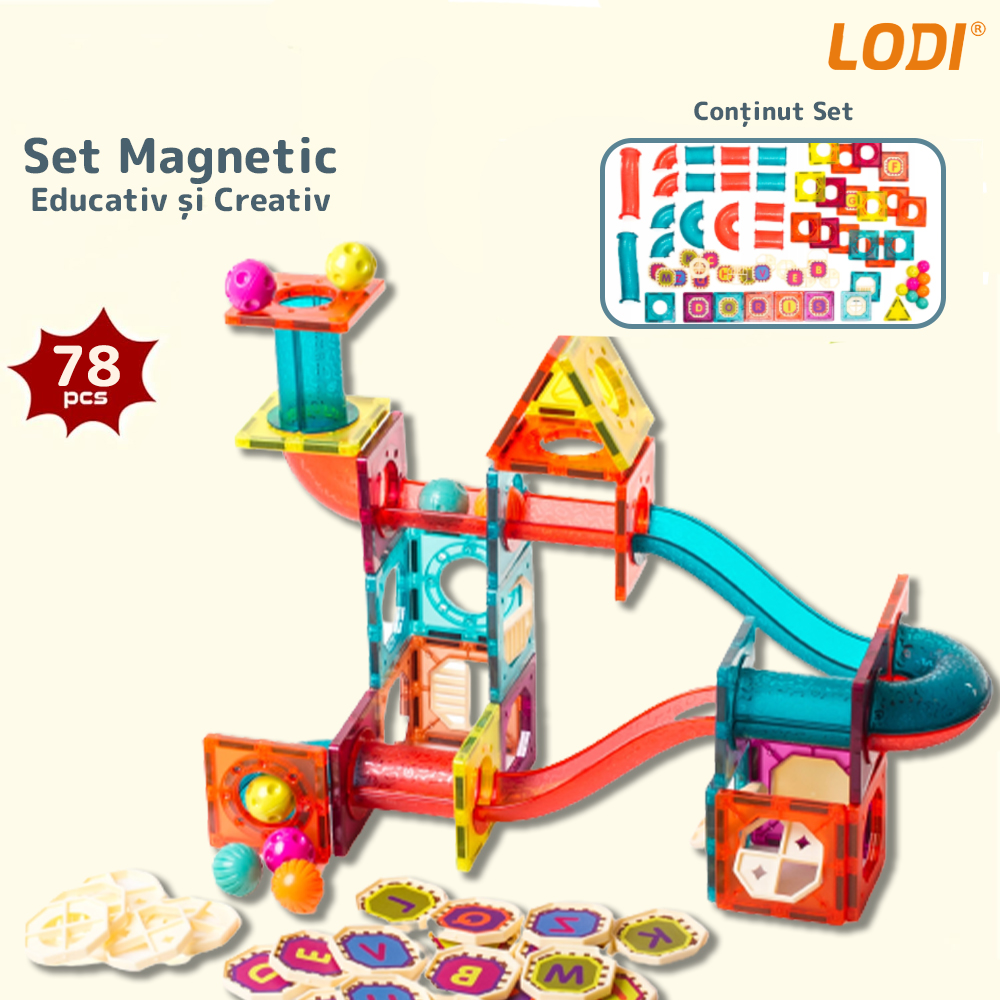 Set Inteligent si Creativ Magnetic 3D Lodi114, 78 Piese, traseu cu bile, creativ, numeroase posibilitati de construit, dezvoltarea abilitatilor motrice si a imaginatiei, multicolor