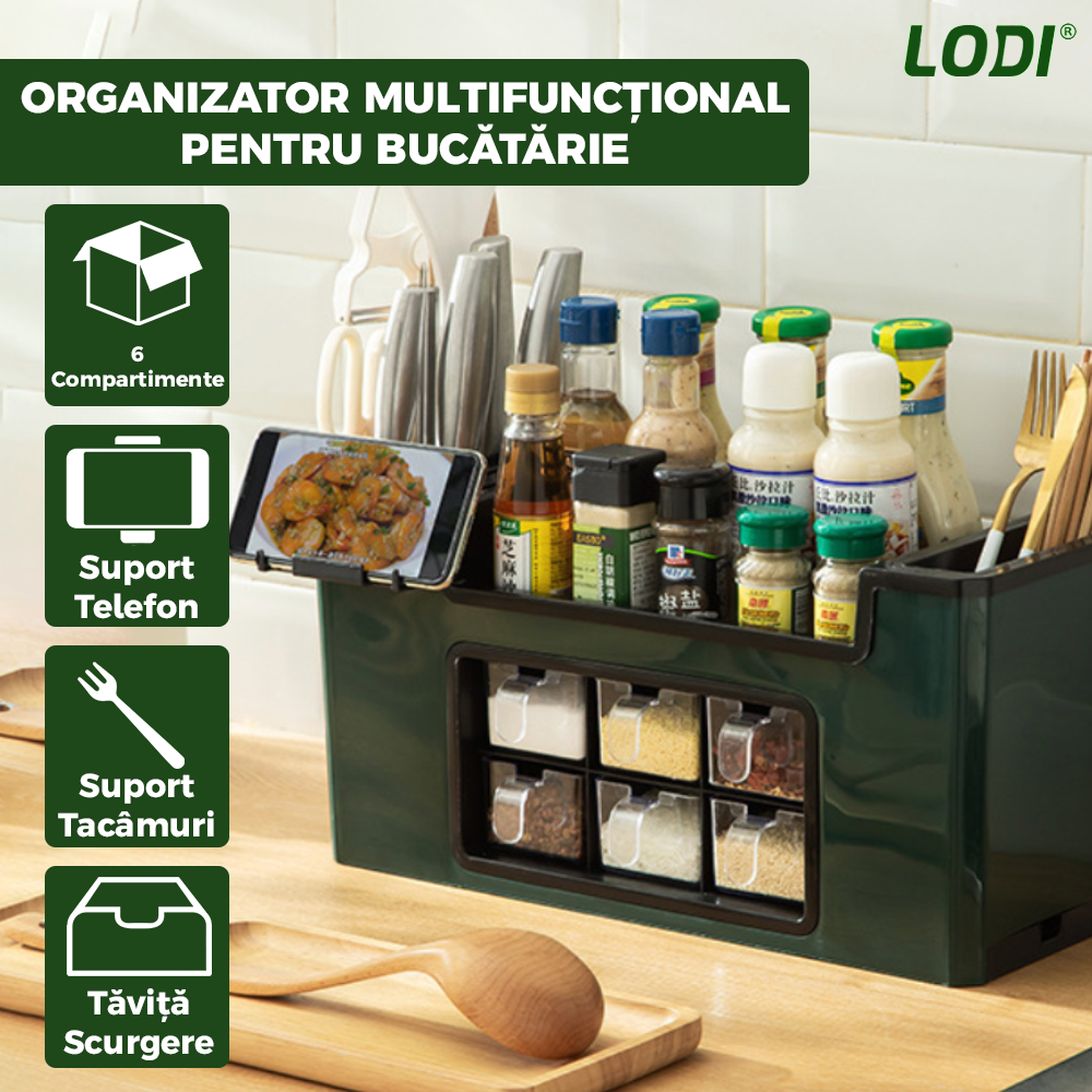 Organizator Multifunctional pentru Bucatarie Lodi533, 6 Compartimente, raft condimente, suport detasabil telefon, tavita de scurgere, suport tacamuri/ustensile, verde