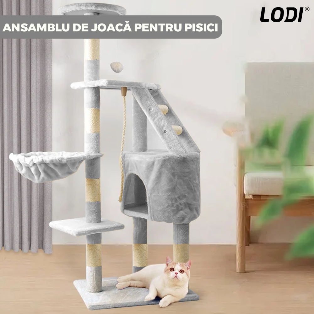 Ansamblu de Joaca pentru Pisici Lodi820, tip turn, 1 platforma de observatie, 4 niveluri, 1 casuta, scara, franghie si mingiute de joaca, stalpi pentru zgariat, captuseala extra moale, structura stabila, 118 cm, gri deschis
