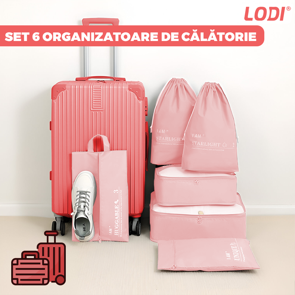 Set 6 Organizatoare Lodi1240, pentru calatorie, diferite marimi, bagaj de voiaj, valiza, troler, genti, haine, accesorii, inchidere cu fermoar dublu, plasa, roz