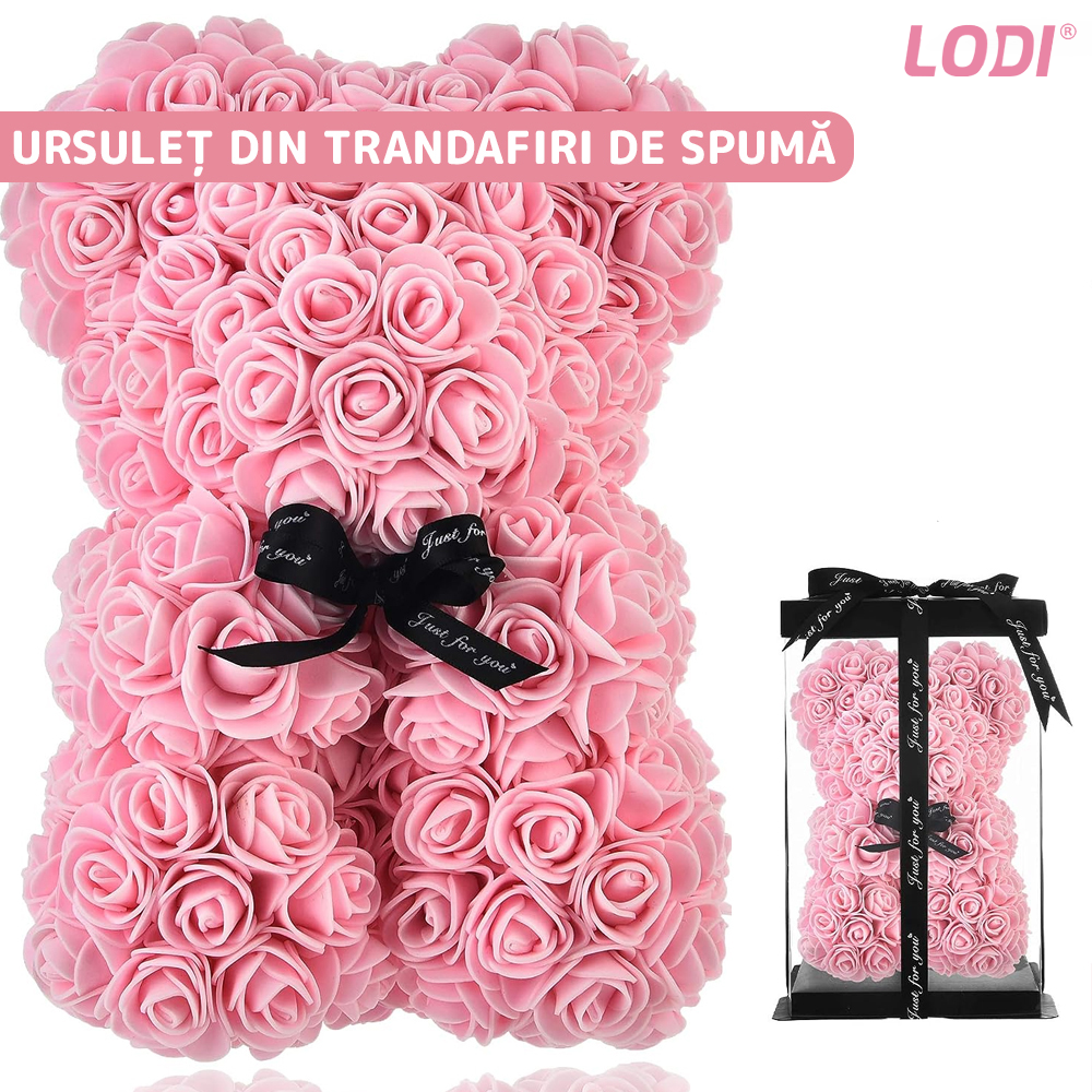 Ursulet din Trandafiri de Spuma Lodi331, floral roz, handmade, cutie transparenta, 25 cm