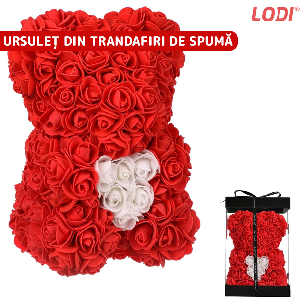 Ursulet din Trandafiri de Spuma Lodi334, floral rosu cu burtica alba, handmade, cutie transparenta, 25 cm