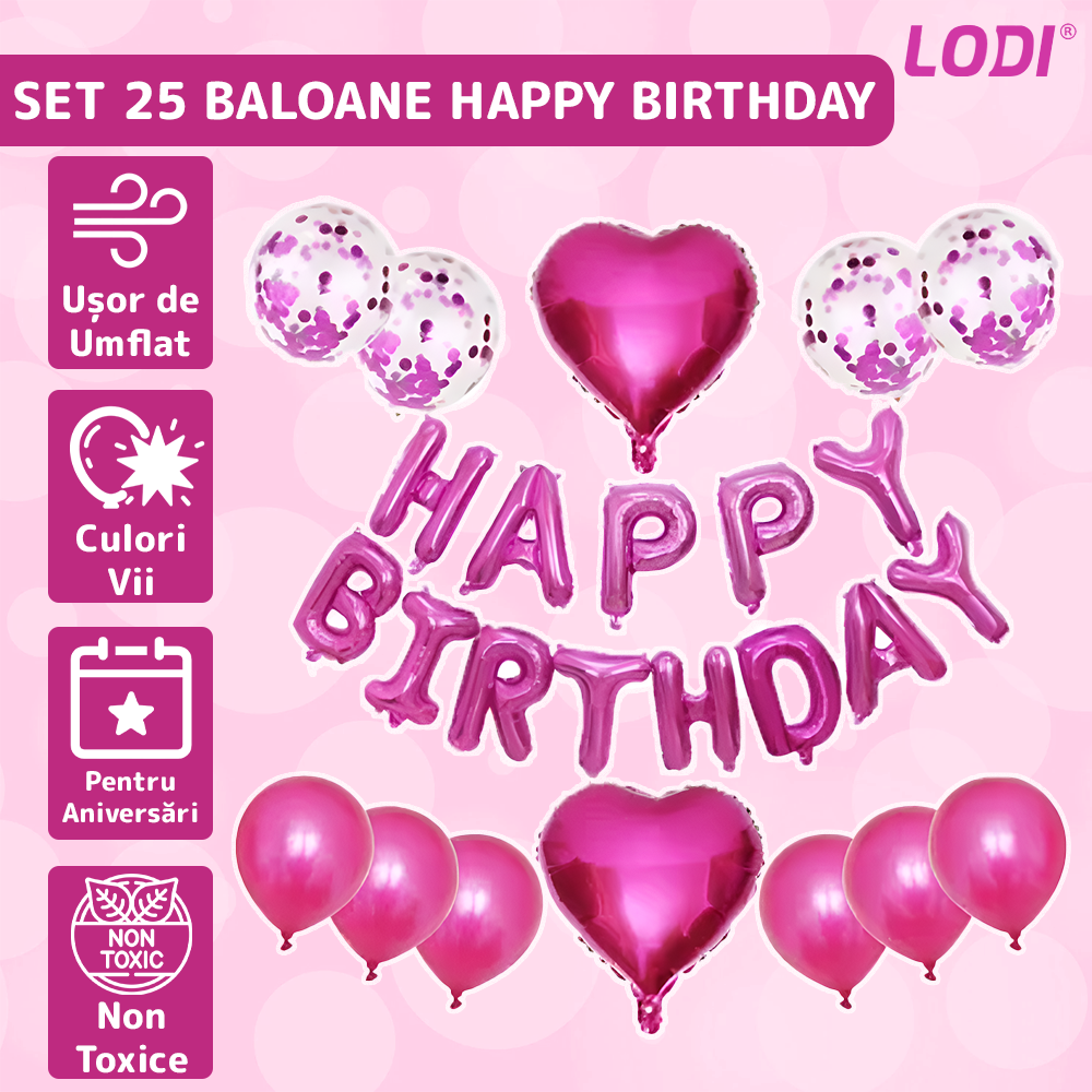 Set 25 Baloane Lodi755, Litere, pentru Petreceri/Aniversari/Evenimente, confetti, inimioare, model HAPPY BIRTHDAY, roz
