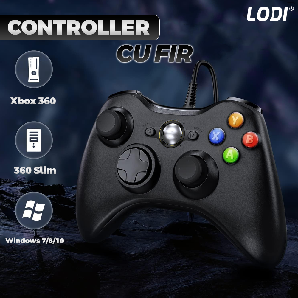 Controller de Joc cu Fir Lodi1425, compatibil cu Xbox 360/Slim/PC Windows 7/8/10, vibrații duble turbo cu 3 intensități, sensitivitate ridicată, cablu cu lungime de 2.5 m, negru