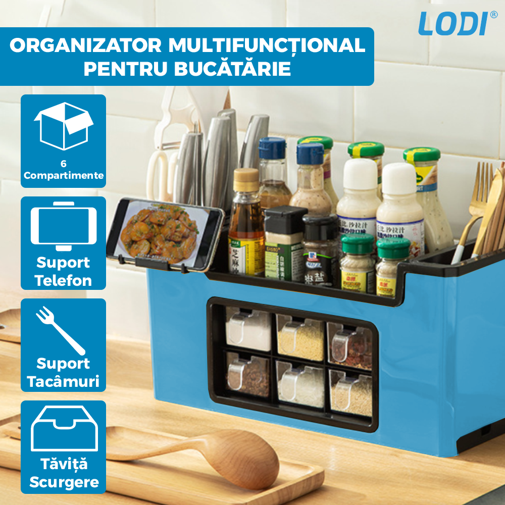 Organizator Multifunctional pentru Bucatarie Lodi602, 6 Compartimente, raft condimente, suport detasabil telefon, tavita de scurgere, suport tacamuri/ustensile, albastru