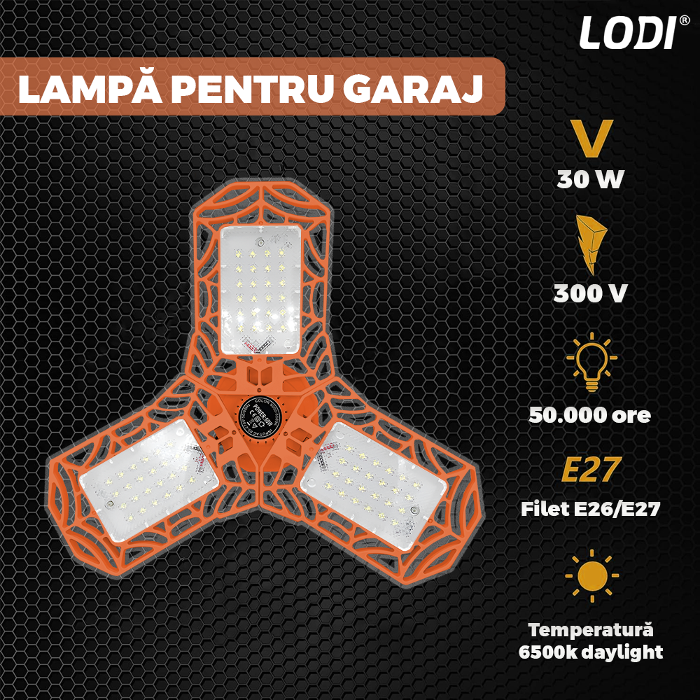 Lampa LED cu 3 Brate Mobile Lodi1222, 3 aripi pliabile, 36 LED-uri, flux luminos 3000LM, lumina alba rece 6000-6500K, bec iluminare pentru interior garaj/depozit/atelier, portocaliu