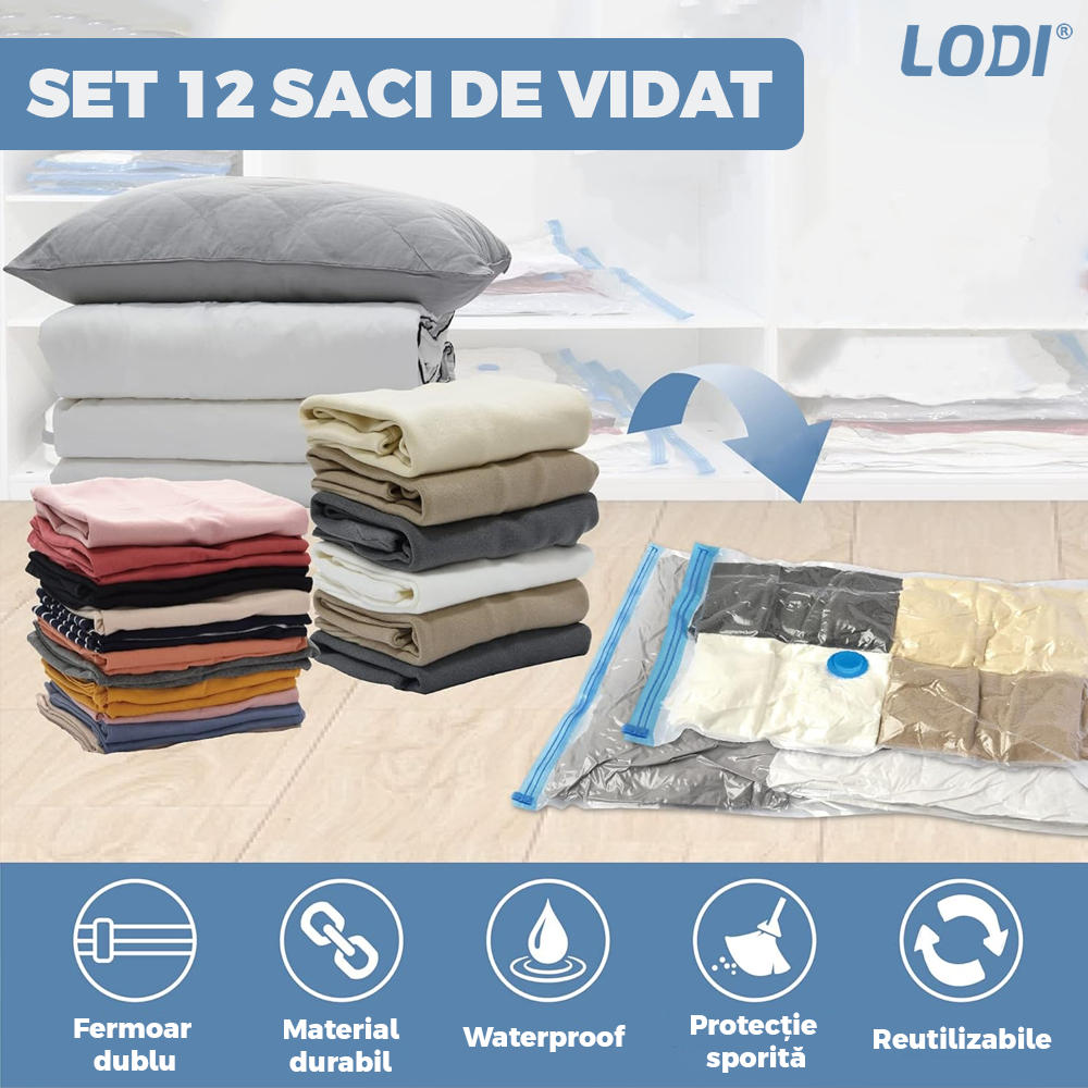 Set 12 Saci de Vidat Lodi1414, pentru imbracaminte, pilote, perne, rezistenti, valva tripla, materiale calitative, protectie waterproof, reutilizabili, vidare prin vacuum, 4 marimi, transparent/albastru