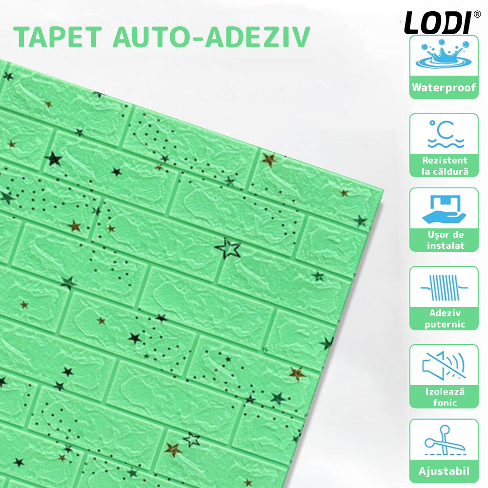 Set Tapet Caramida 3D Lodi72, model Stelute, suprafata acoperire 5.3 mp, autoadeziv, waterproof, usor de montat, design modern, 70x77 cm, verde