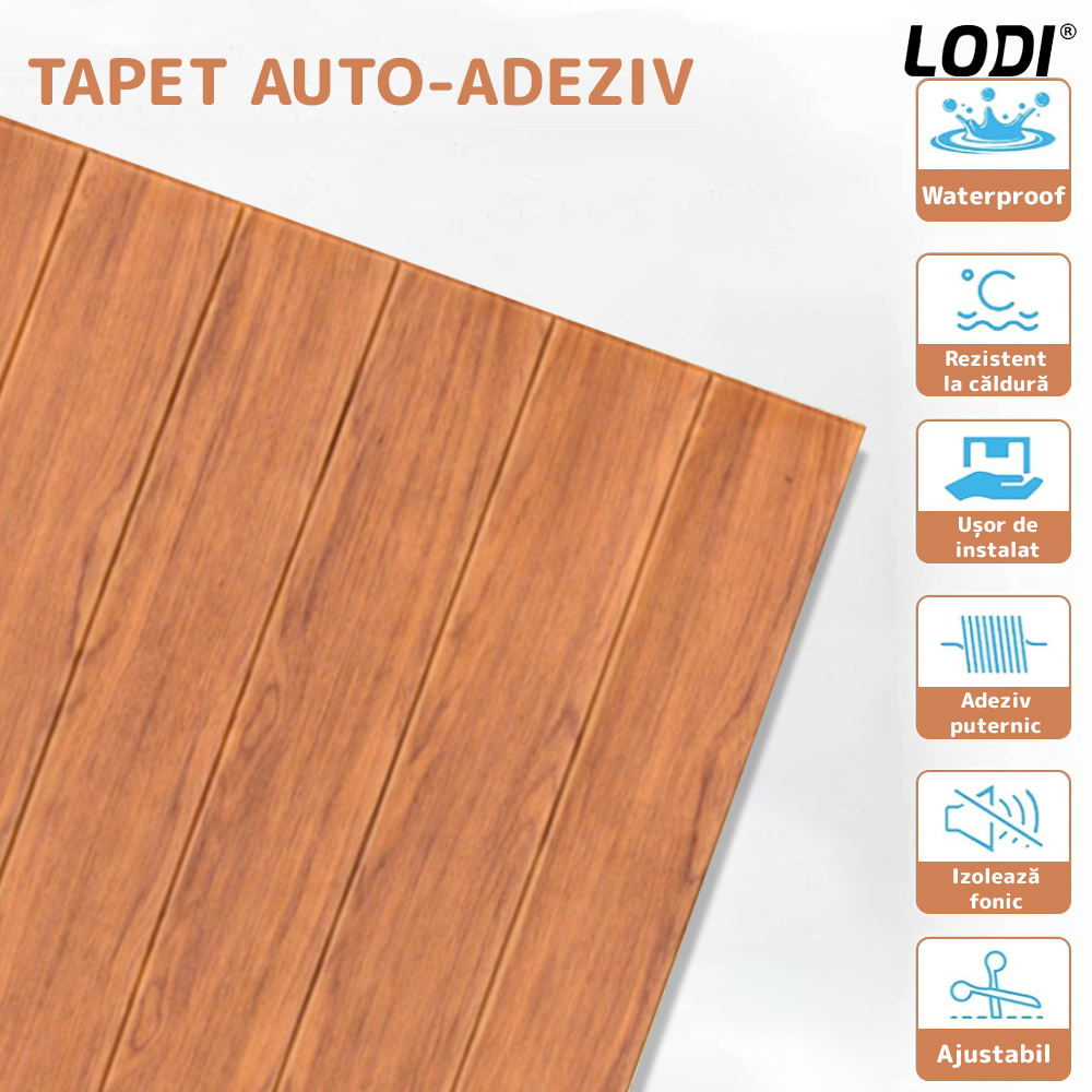 Set Tapet Panou 3D Lodi97, Model Lemn, suprafata acoperire 4.9 mp, autoadeziv, waterproof, usor de montat, design modern, 70x70 cm, portocaliu