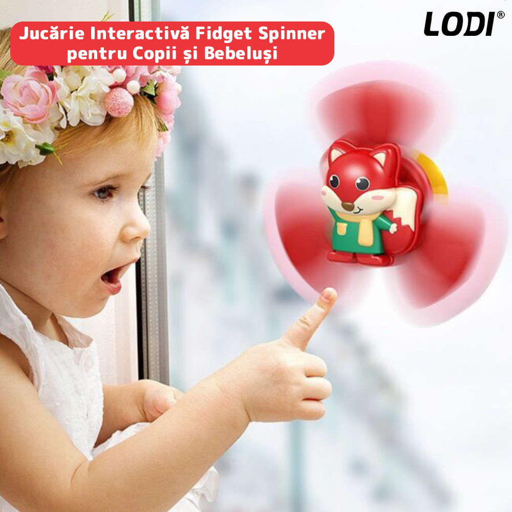 Jucarie Interactiva Fidget Spinner Lodi5, forma Vulpe, margini de silicon, 3 laturi, ventuza de prindere, 1-3 ani, rosu