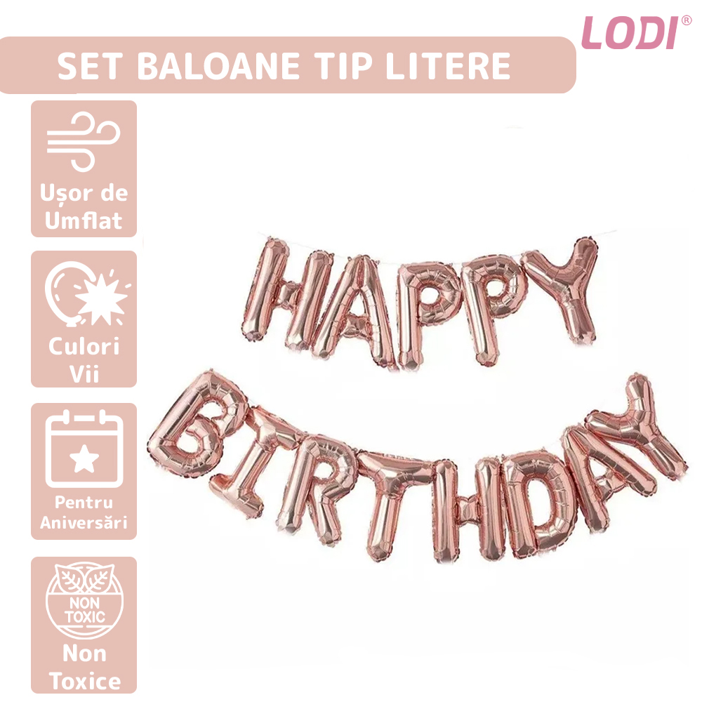 Set 13 Baloane Lodi306, Litere, pentru Petreceri/Aniversari/Evenimente, model HAPPY BIRTHDAY, rose gold