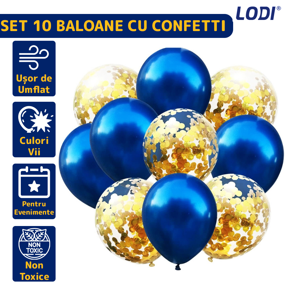 Set 10 Baloane Lodi257, Confeti, pentru Petreceri/Aniversari/Evenimente, o singura dimensiune, 2 culori, latex, albastru/auriu
