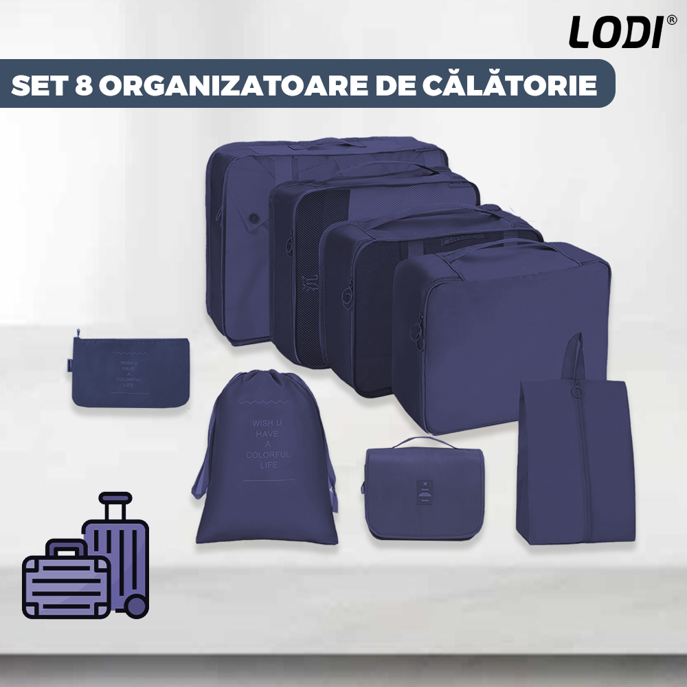 Set 8 Organizatoare Lodi672, pentru calatorie, diferite marimi, 3 genti cu plasa, 1 geanta pentru lenjerie, geanta pentru cosmetice, sac pentru hainele murdare, inchidere cu fermoar dublu, plasa, albastru inchis