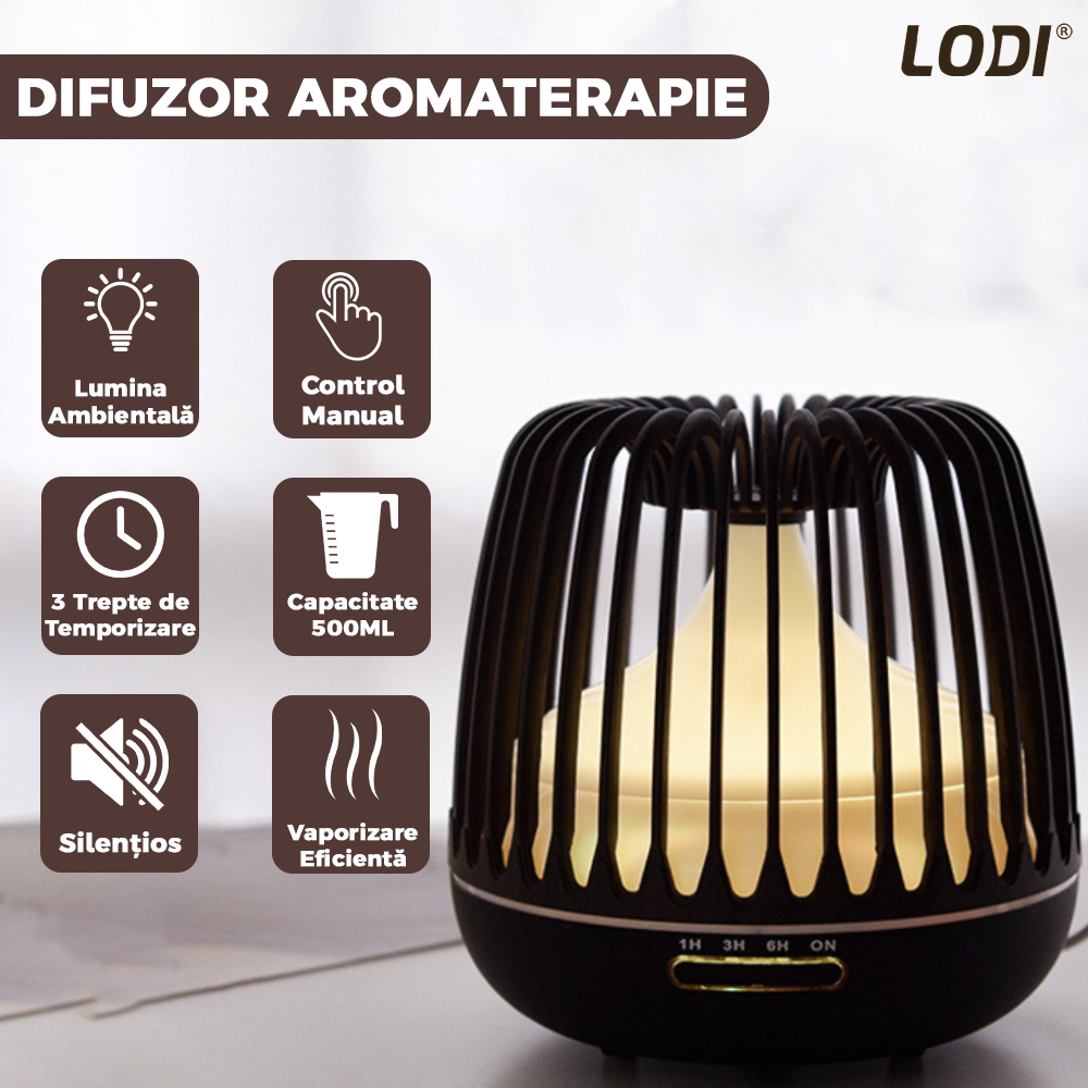 Difuzor Aromaterapie Lodi222, lumini ambientale, control manual, 3 trepte de temporizare, capacitate 500ml, silentios, umidifica aerul, stejar inchis