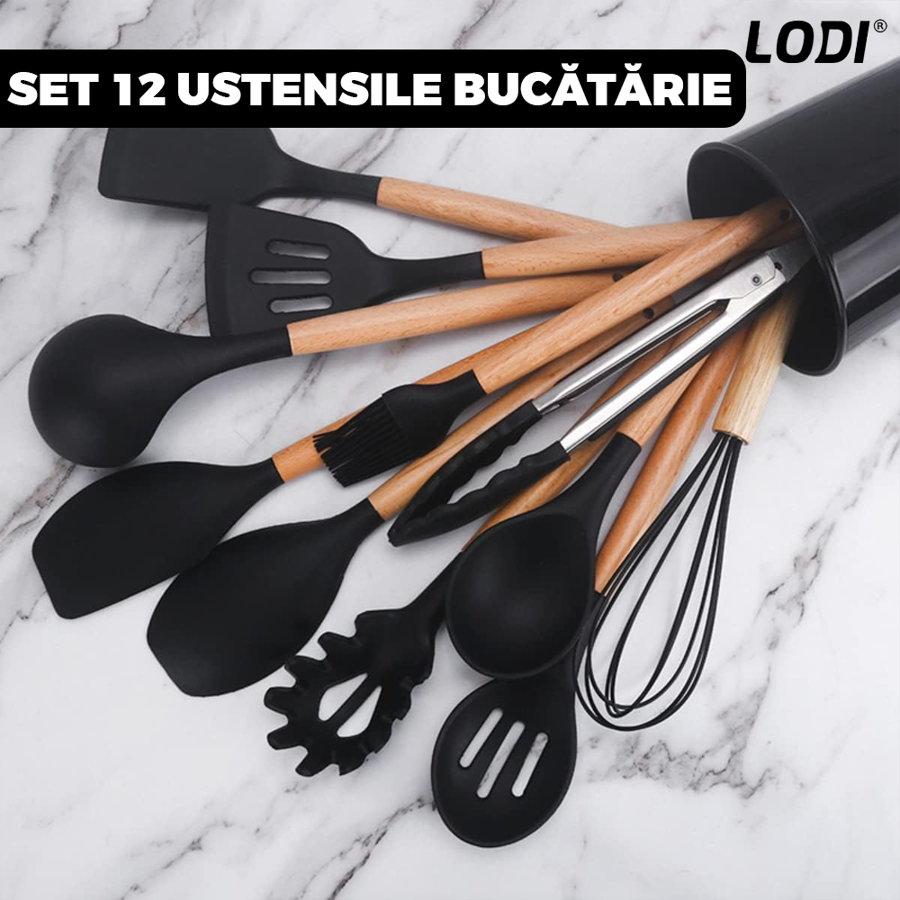Set Ustensile Bucatarie 12 Piese Silicon Alimentar Lodi622, termorezistente, antiaderente, sigure, suport inox, negru