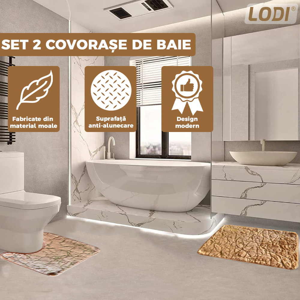 Set 2 Covorase de Baie Lodi448, anti-derapante, material moale, design modern, finisaj auriu, Model 18, 80x50 & 50x40cm, maro