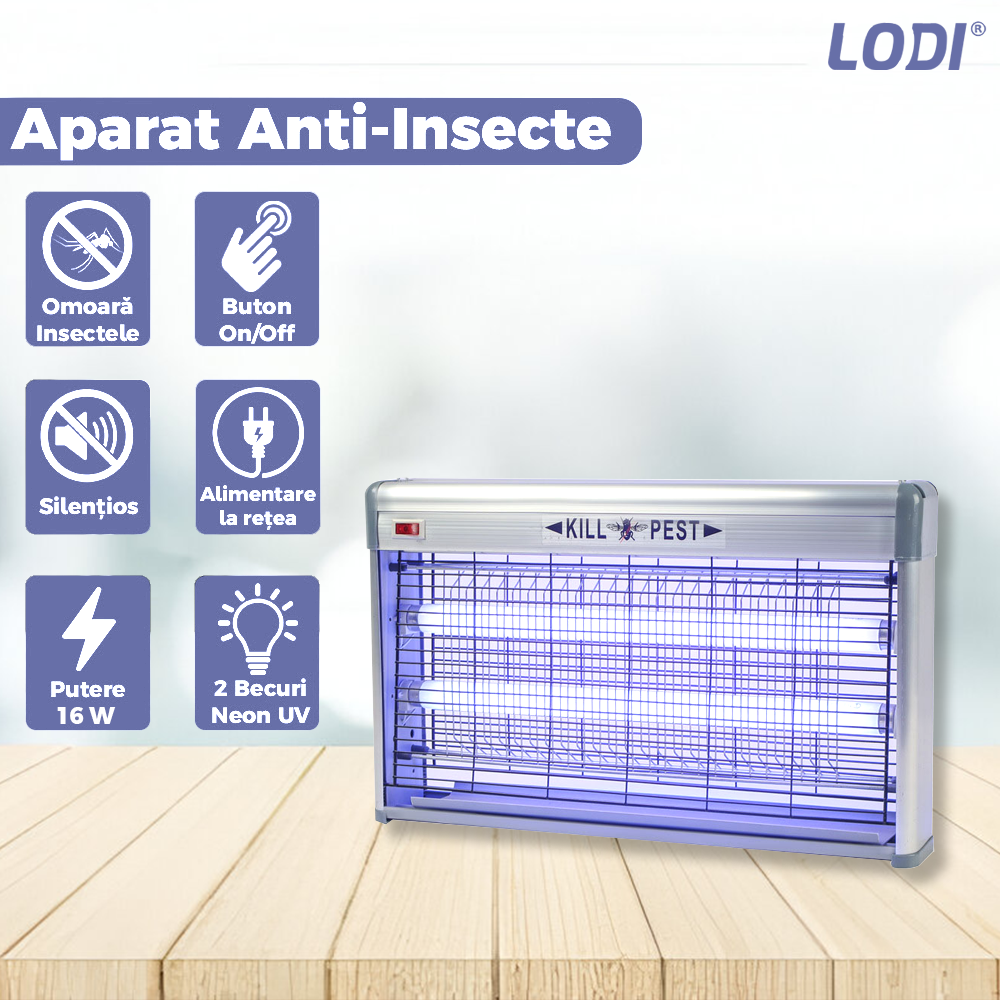 Aparat Electric Anti-Insecte Lodi1171, 16W, Insectocutor cu 2x tuburi ultraviolete, raza de actiune 200 m², unghi de propagare 360º, design modern, gri
