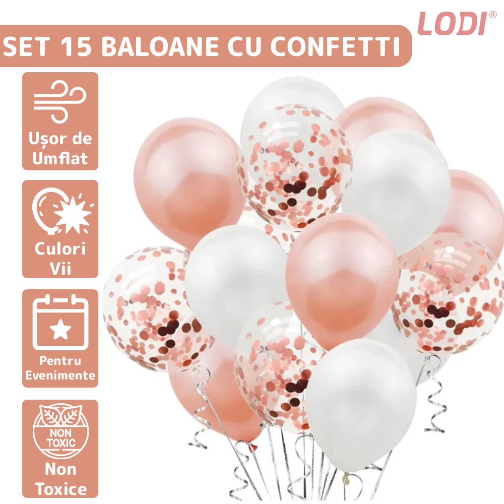 Set 15 Baloane Lodi262, Confeti, pentru Petreceri/Aniversari/Evenimente, o singura dimensiune, 3 culori, latex, roz/alb/transparent