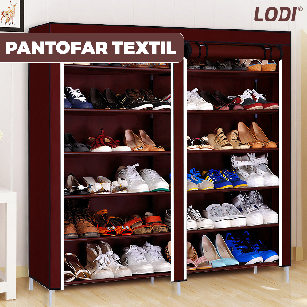 Pantofar din Material Textil pentru Incaltaminte Lodi1115, impermeabil, 12 rafturi, inchidere fermoar, cadru otel, 108 cm, maro
