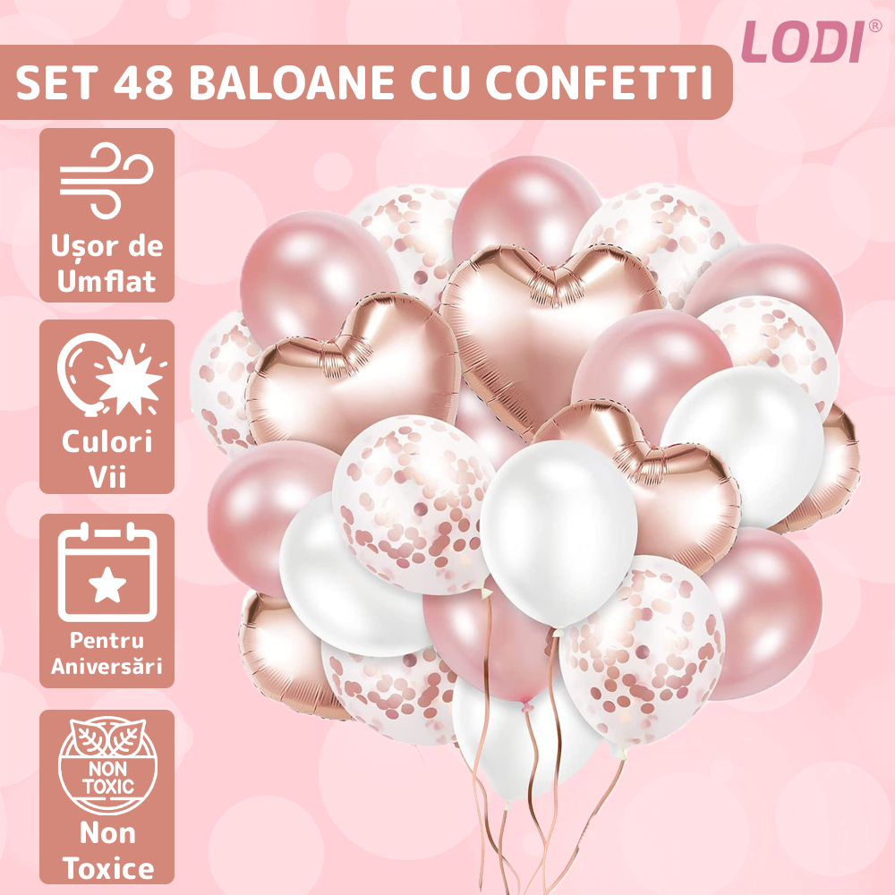Set 48 Baloane Lodi728, Confeti, Inimioara, pentru Petreceri/Aniversari/Evenimente, o singura dimensiune, 2 culori, latex, rose gold