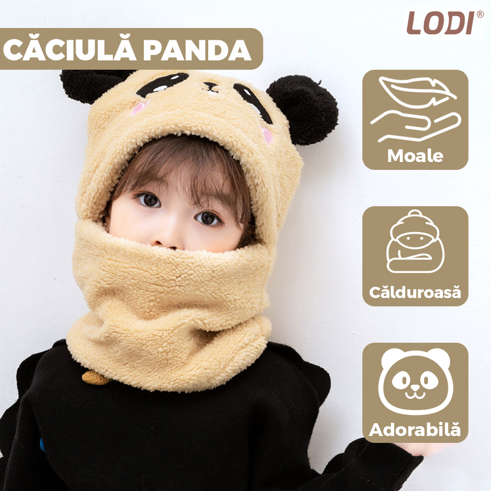 Caciula Pentru Copii Tip Cagula Lodi519, 2 in 1, tematica lumea animalelor, model ursulet panda zambitor, 1-5 ani, bej