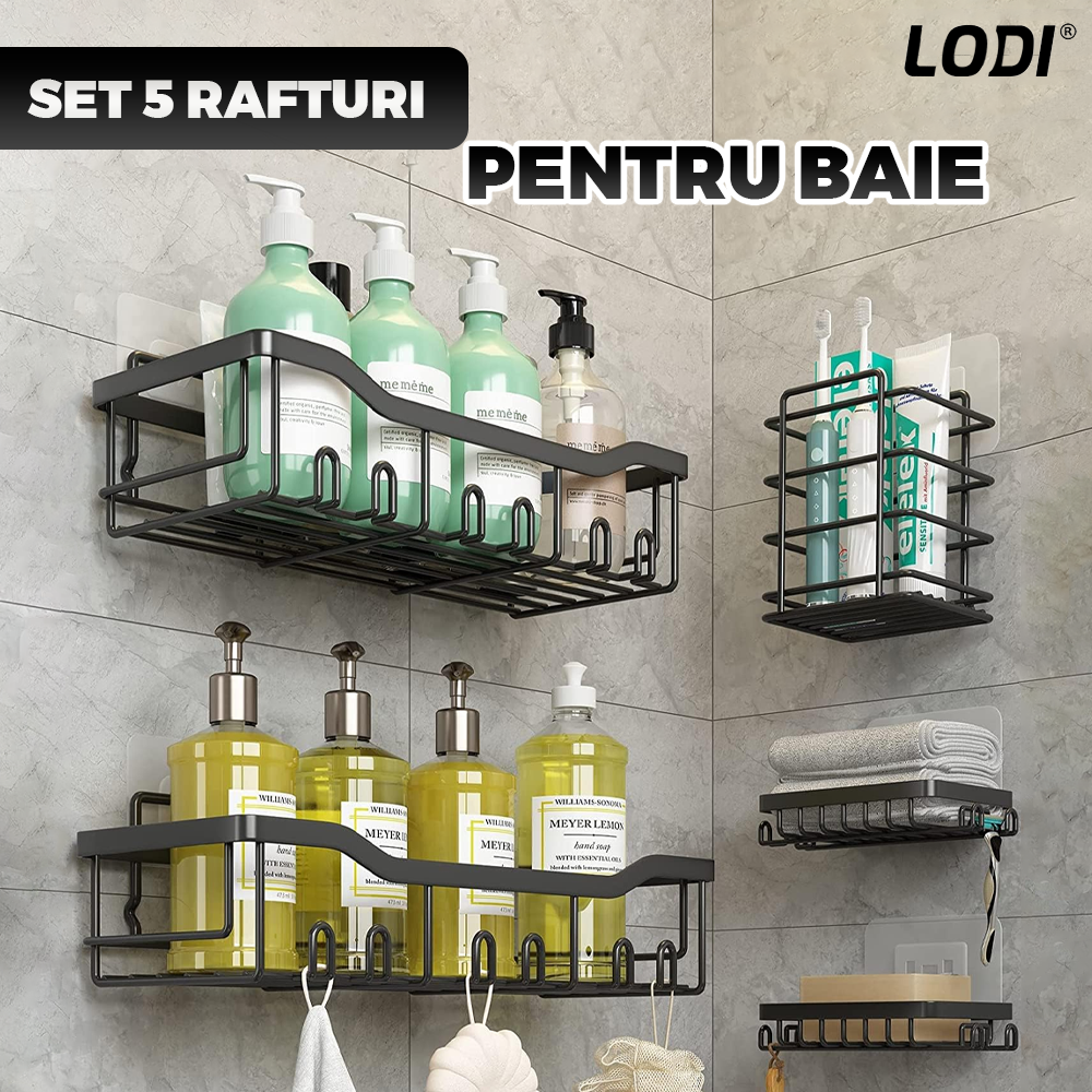 Set 5 Rafturi pentru Dus Lodi1264, depozitare si organizare, baie/bucatarie, otel inoxidabil, montare adeziva, rezistenta ridicata, cuiere incorporate, suporturi inalte, negru