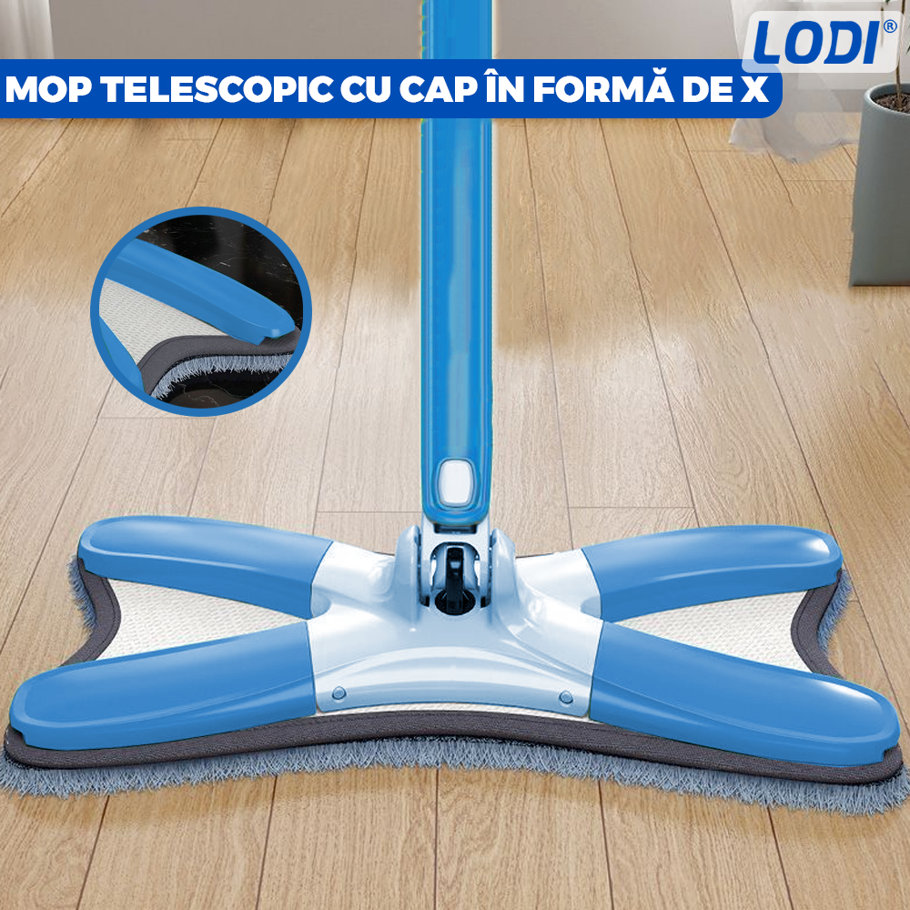 Mop cu Cap in Forma de X Lodi1147, rotire 360 grade, telescopic, curatare usoara, 5 lavete incluse, 123 cm, albastru deschis