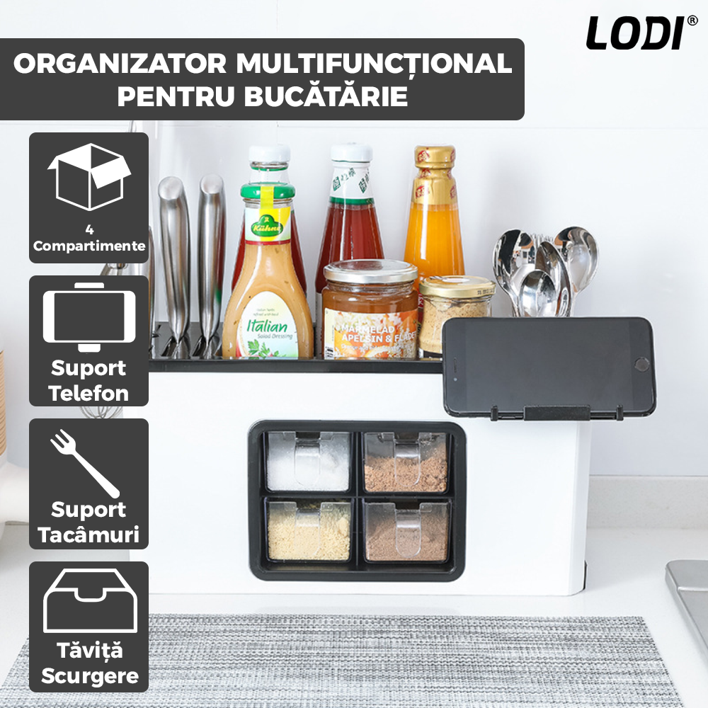 Organizator Multifunctional pentru Bucatarie Lodi534, 4 Compartimente, raft condimente, suport detasabil telefon, tavita de scurgere, suport tacamuri/ustensile, alb