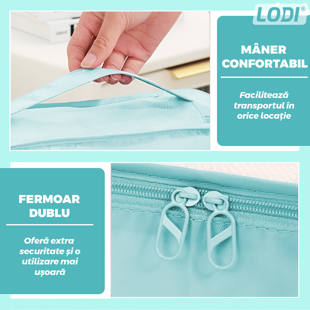 Set 6 Organizatoare Lodi1239, pentru calatorie, diferite marimi, bagaj de voiaj, valiza, troler, genti, haine, accesorii, inchidere cu fermoar dublu, plasa, turcoaz