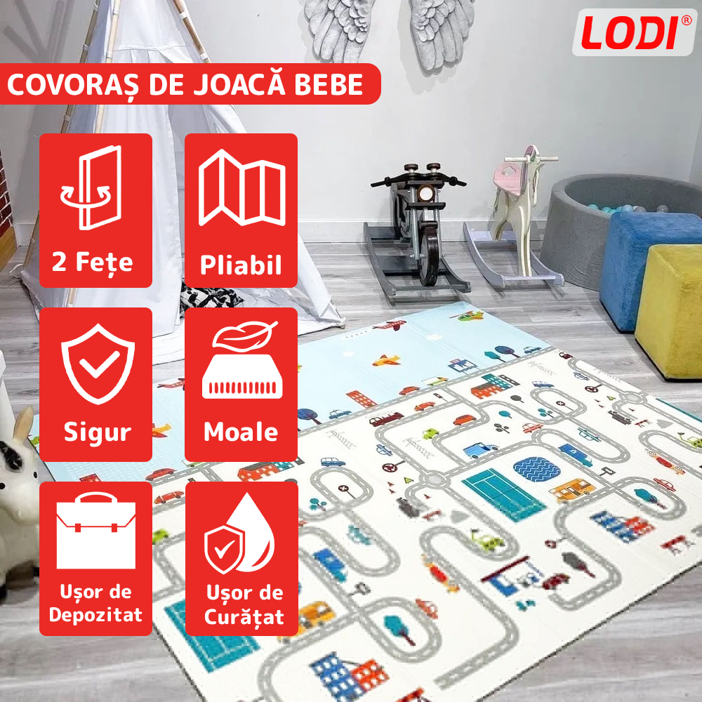 Covoras de Joaca pentru Copii Lodi488, 2 fete, termic, anti-derapant, pliabil, protectie impotriva loviturilor, oras si Londra, 200x180cm, grosime 1 cm, multicolor