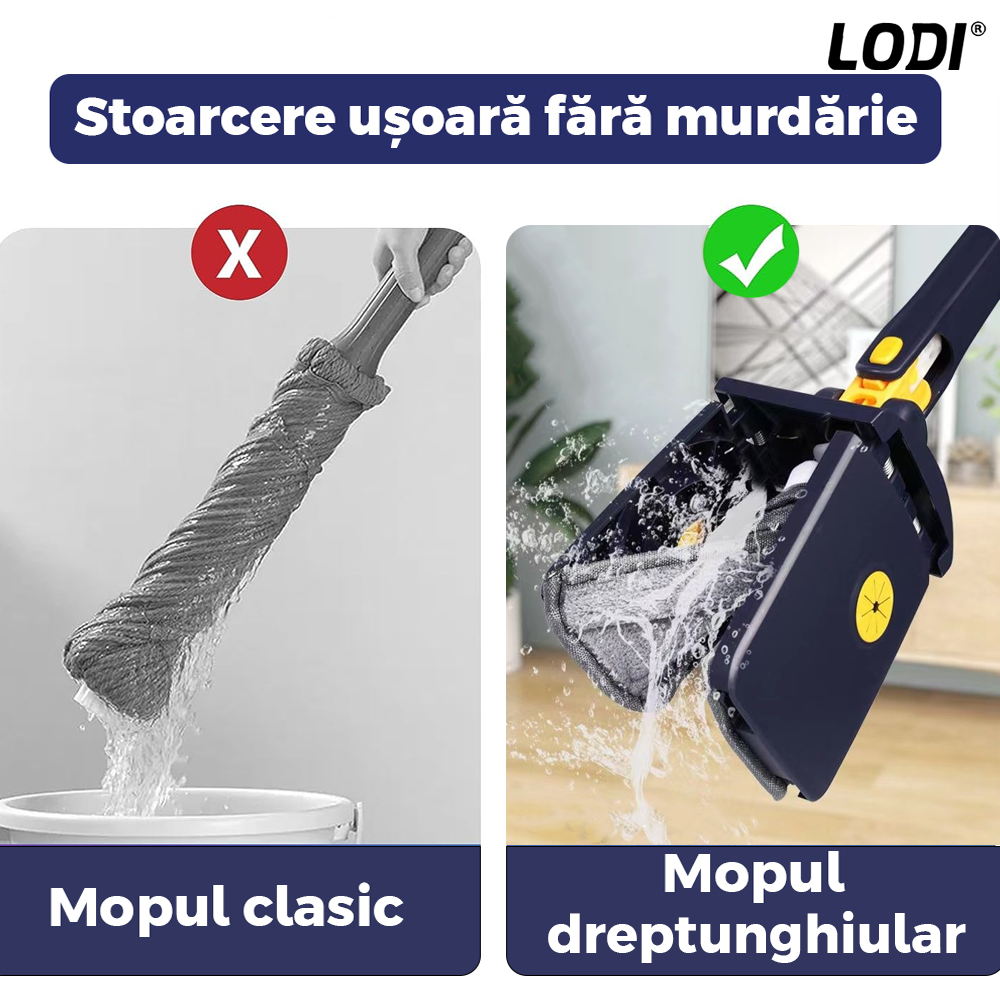 Mop cu Cap Dreptunghiular Lodi1176, rotire 360 grade, telescopic, curatare usoara, 5 lavete incluse, 123 cm, albastru/galben
