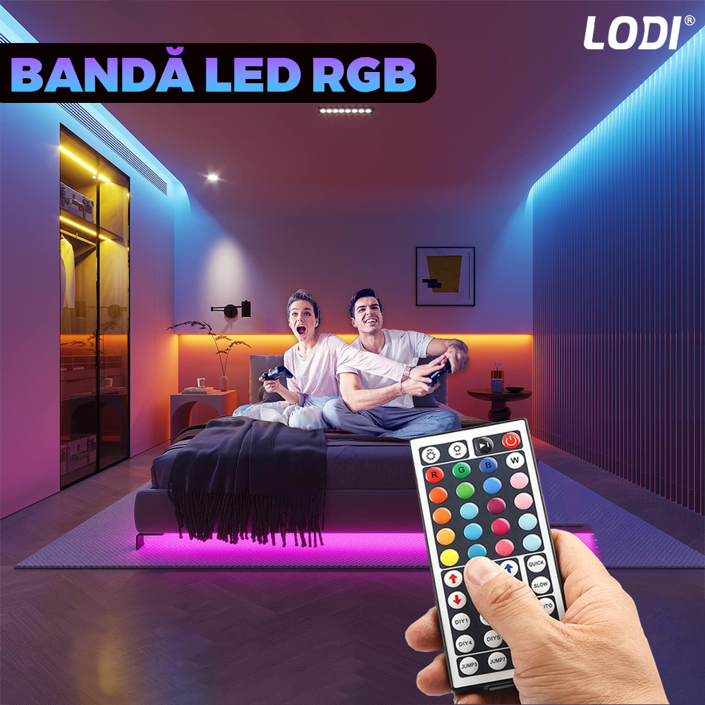 Kit Banda LED RGB Lodi453, inteligenta cu intensitate de lumina si culori reglabile, control prin telecomanda cu 44 taste, 5050RGB, utilizare exterior IP20, 5 m, multicolora