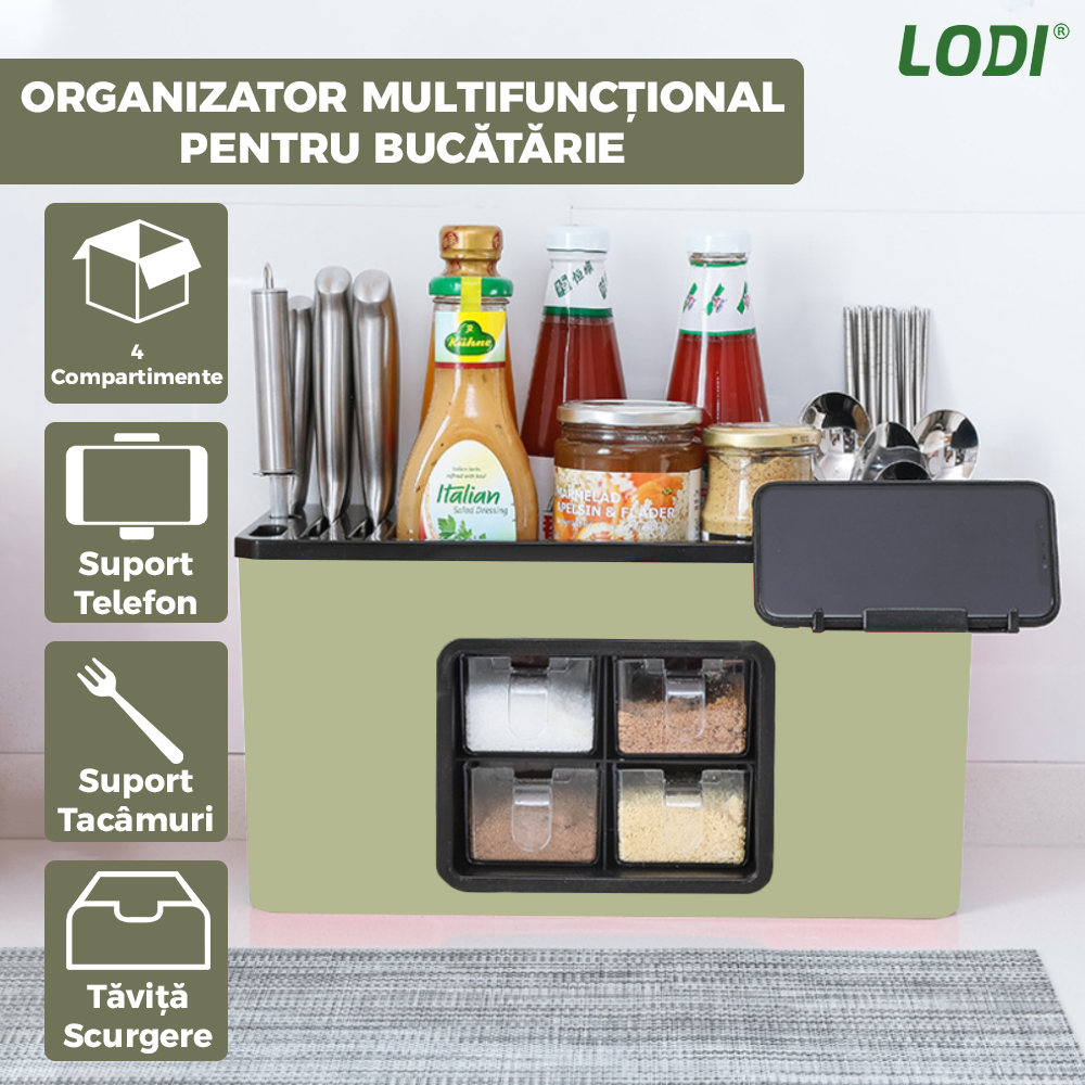 Organizator Multifunctional pentru Bucatarie Lodi536, 4 Compartimente, raft condimente, suport detasabil telefon, tavita de scurgere, suport tacamuri/ustensile, verde deschis