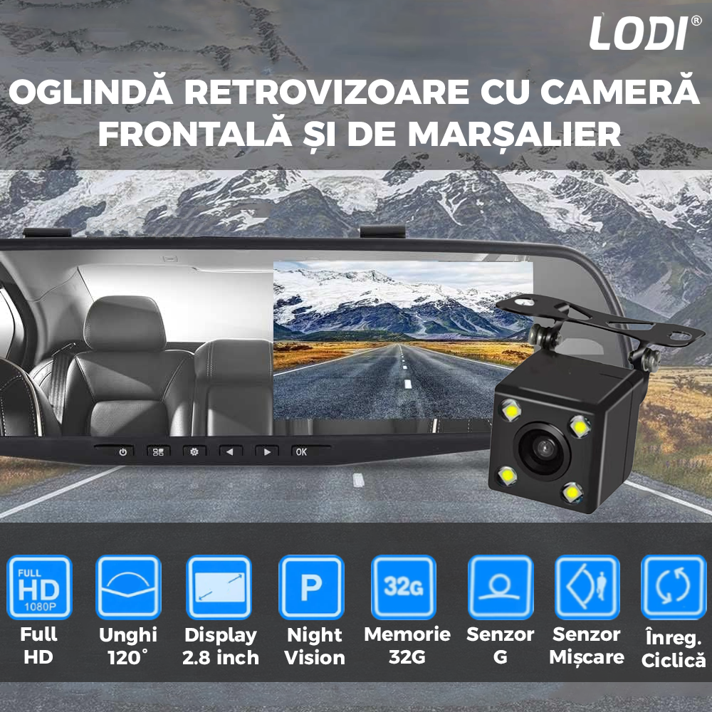 Oglinda Auto Retrovizoare cu Camera Duala Lodi493, video Full HD 1080P, senzor G, 32GB, Night Vision, Display 2.8 inch, linii ghidaj parcare, negru