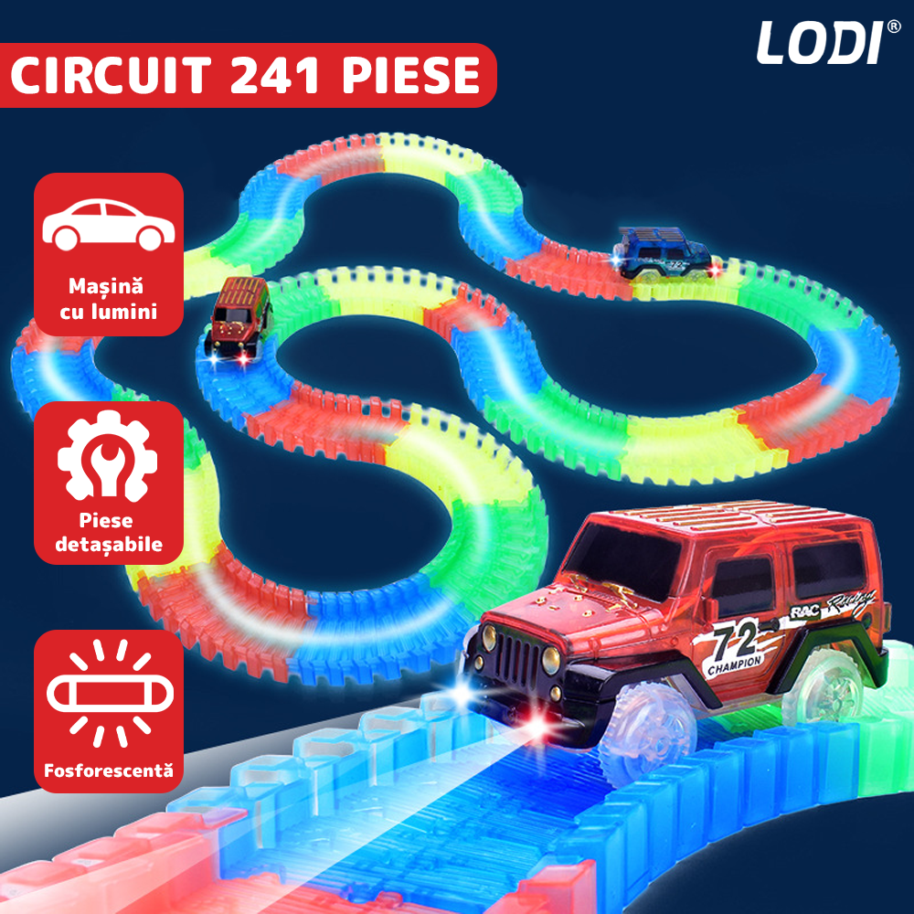 Circuit Masinute Lodi518, 241 piese, pista iluminata configurabila, fosforescenta, masinuta cu lumini rosie, multicolor