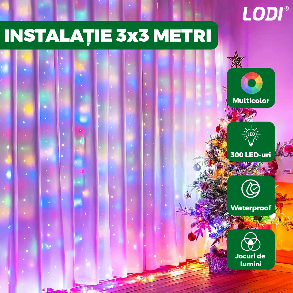 Instalatie de Craciun Perdea Lodi1442, fir cupru, 3x3 m, control prin telecomanda, 8 jocuri de lumini, alimentare USB, fir alb, interior/exterior, 300 LED-uri, multicolor