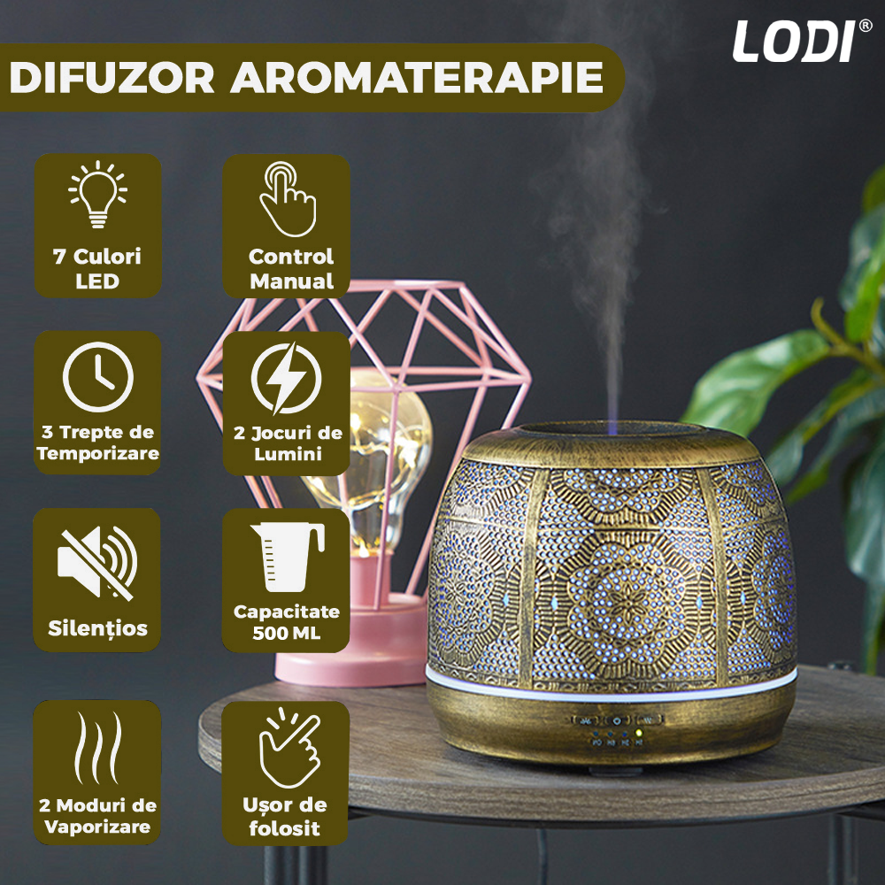 Difuzor Aromaterapie Lodi684, din metal, design vintage, 7 culori LED, 2 jocuri de lumini, capacitate 500ml, silentios, umidifica aerul, bronz