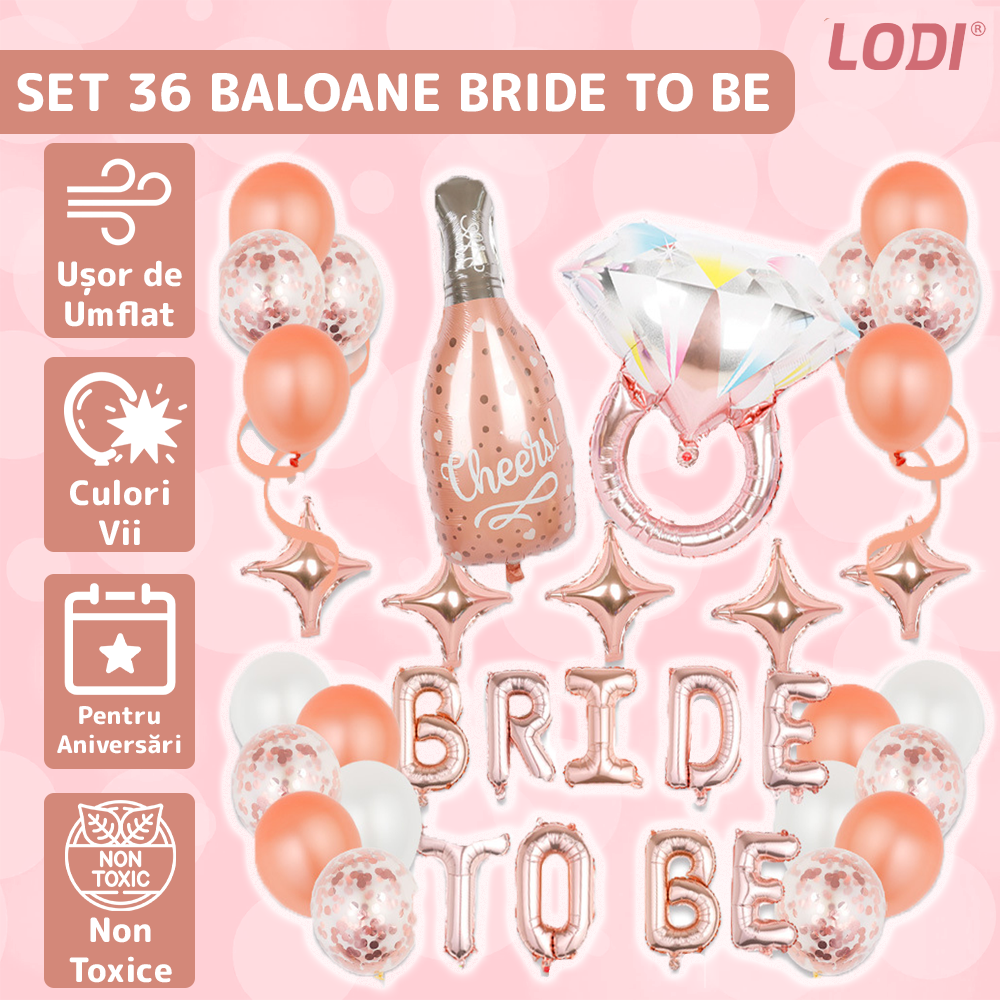 Set 36 Baloane Lodi749, Litere, pentru Petreceri/Aniversari/Evenimente, sticla de sampanie, inel de logodna, mai multe dimensiuni, metalizate, folie, model BRIDE TO BE, rose gold
