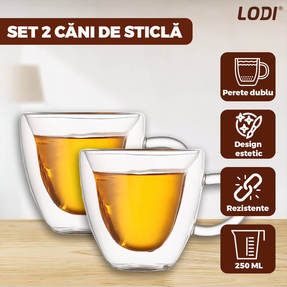 Set 2 Cani de Sticla cu Perete Dublu Lodi1002, model inimioara, design modern, termorezistente, capacitate 250 ml, 9 x 8 cm