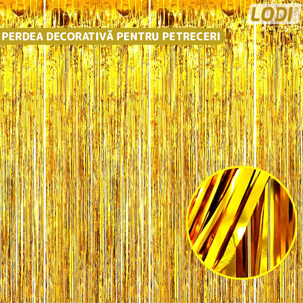 Set 2 Bucati Perdea Decorativa Lodi323, din folie auriu metalizat, pentru petreceri aniversare