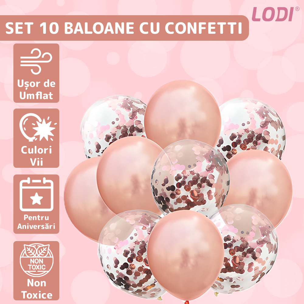 Set 10 Baloane Lodi727, Confeti, pentru Petreceri/Aniversari/Evenimente, o singura dimensiune, 2 culori, latex, rose gold